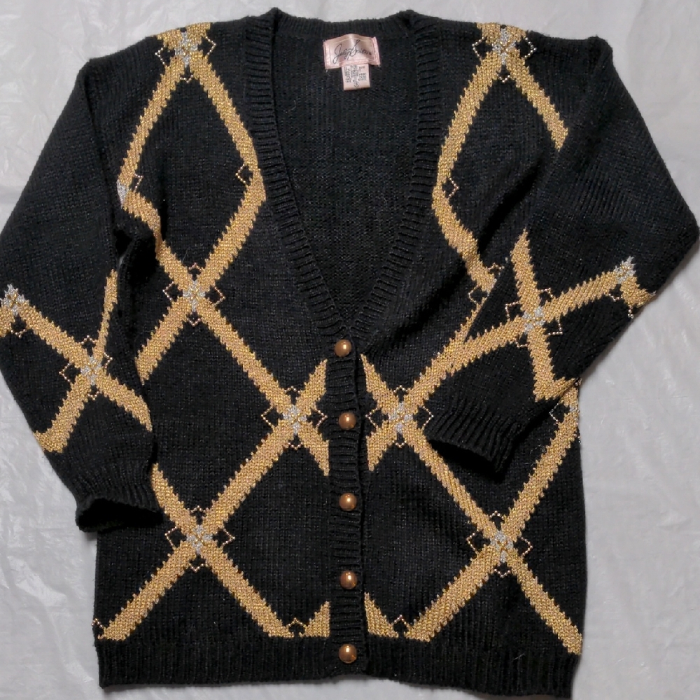 Jaclyn Smith Vintage Black Gold Beaded Argyle Cardigan Sweater Size Small